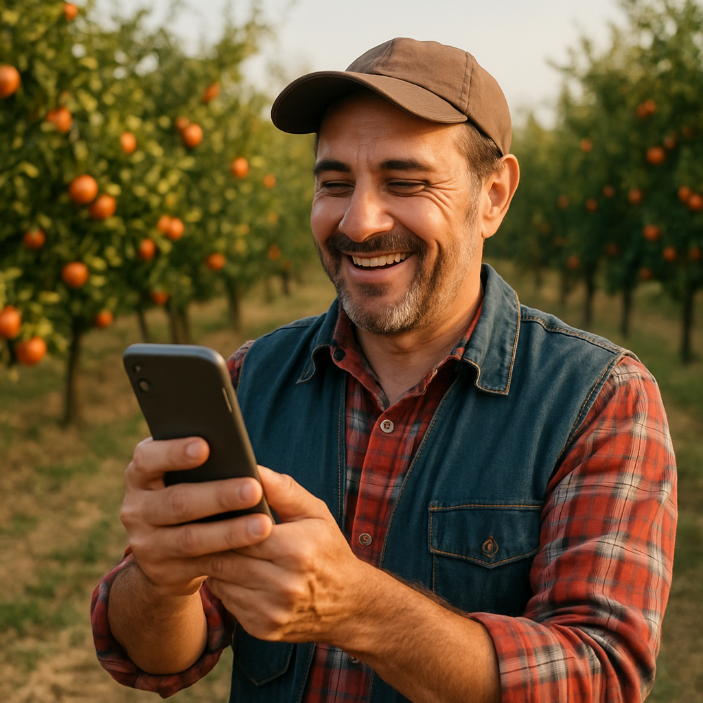 Trabajador agrícola consultando su producción en el portal de Neocrop con satisfacción